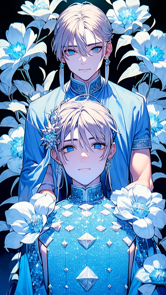 Man surrounded by crystal ice and frozen flowers, Silver hair and crystal blue eyes, with a diamond on his forehead. Have a ice and nature power. Fully body, soft smiling
