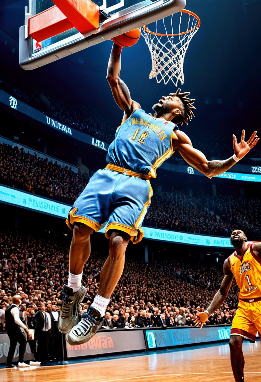 powerful basketball Dunk, Game-Winning Dunk, by Jean-Baptiste Monge, full body, cinematic still, (best quality, masterpiece), very aesthetic, perfect composition, intricate details, ultra-detailed, vivid colors