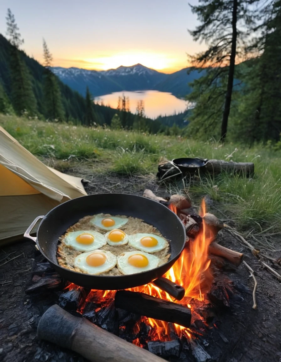 eggs are cooking on a pan on a campfire near a tent, camping, setting in nature, by Dietmar Damerau, 🚿🗝📝, by Alexander Bogen, by Karl Völker, paradise in the background, very close to real nature, by Niko Henrichon, beautiful place, by Oskar Lüthy