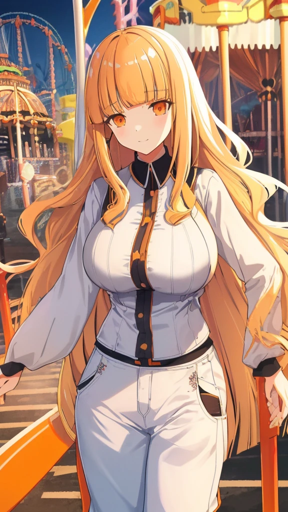 best quality, extremely detailed,anime style girl,((wavy)) long hair,((((blunt bangs)))),(hair between eyes),bright blond hair,beautiful detailed eyes,Orange eyes,Sharp eyes with many eyelashes,huge breasts,(((casual clothing))),short pants,trousers,hair ornament,((((amusement park)))),smile,dynamic pose