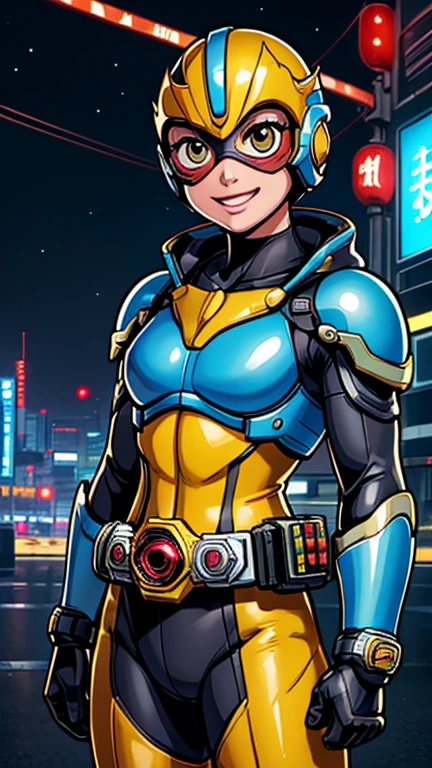 (8k),(masterpiece),(Japanese),(***************),((innocent look)),((Childish)),From the front,smile,cute,Innocent,Kind eyes,Flat chest,brown helmet, yellow domino mask,belle, bald,no Hair,Strong wind,night,dark, Neon light cyberpunk city,Kamen_Rider,camisa