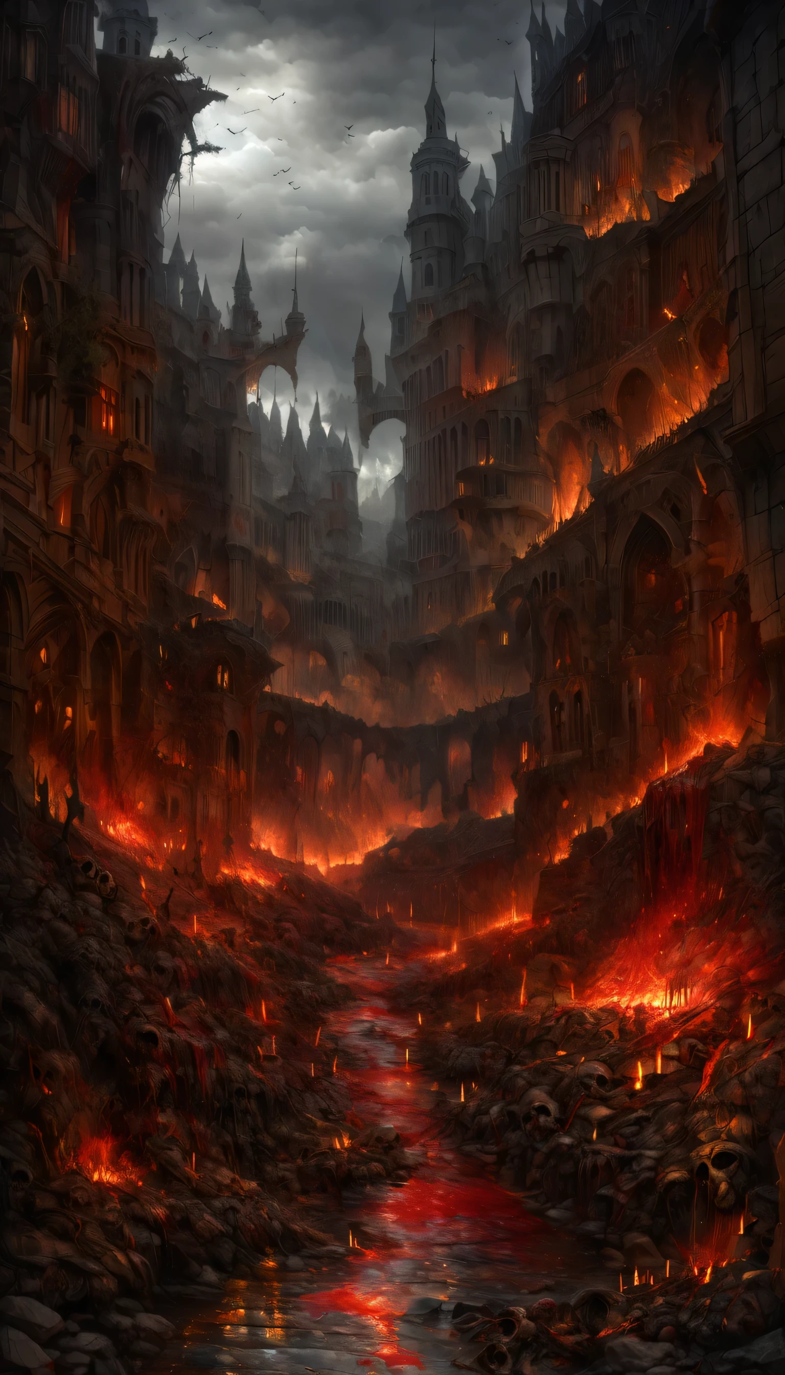 Create a realistic abstract fantasy landscape of a medieval city. The scene is dark and mysterious, with a predominance of dark shades and deep reds. Streams of blood flow through the streets, with organs scattered around and piles of bodies, primarily humanoid creatures, lying about. The city is marked with scorch marks and dark, blood-red fires raging under a dark sky. The only source of light is a shattered, ashy dark moon, casting an eerie glow over the landscape. Thick, red blood rains down from the sky, adding to the grim atmosphere. Masterpiece Create a realistic abstract fantasy landscape of a medieval city in ruins. The scene is dark and mysterious, evoking despair, war, and decay. The streets are narrow, resembling those of a typical city, and are filled with detailed, thick streams of dark, realistic blood, still liquid and flowing like a river or stream, as if only an hour or two old. The road is scattered with detailed gore and piles of bodies, primarily humanoid creatures, lying around. The city buildings, which were once bright and well-kept, are now marked with scorch marks, small dark red fires spreading outwards with embers flickering. The architecture should be less gothic and more reminiscent of a human-inhabited city. The sky is overcast with dense clouds, and the only source of light is a shattered, ashy dark moon casting an eerie glow over the landscape. The scene takes place in the middle of the night with a bit of rain, enough to be noticeable but not enough to put out the fires, making the ground a bit muddy with the river of blood flowing through it down the road, branching off into streams that connect to the corpses. Blood drips from hanging objects and flows down the road, while the fires spread slowly, adding to the grim and unsettling mood of the scene.Create a realistic abstract fantasy landscape of a medieval city in ruins. The scene is dark and mysterious, evoking despair, war, and decay. The streets are narrow, resembling those of
