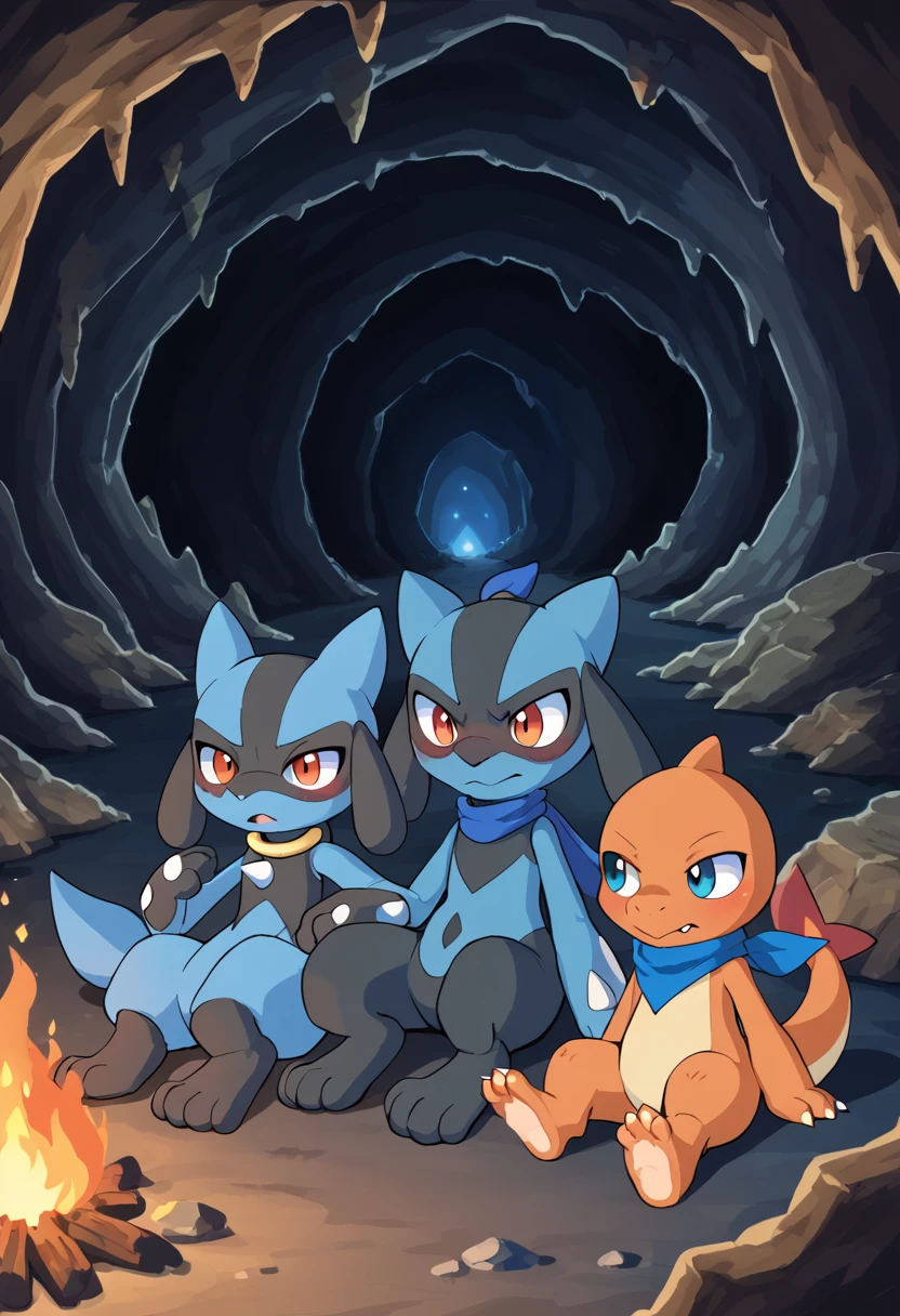 Pokémon Mystery Explorers、Riolu and Charmander、Blue scarf、sitting around the bonfire、、cave、night、speaking