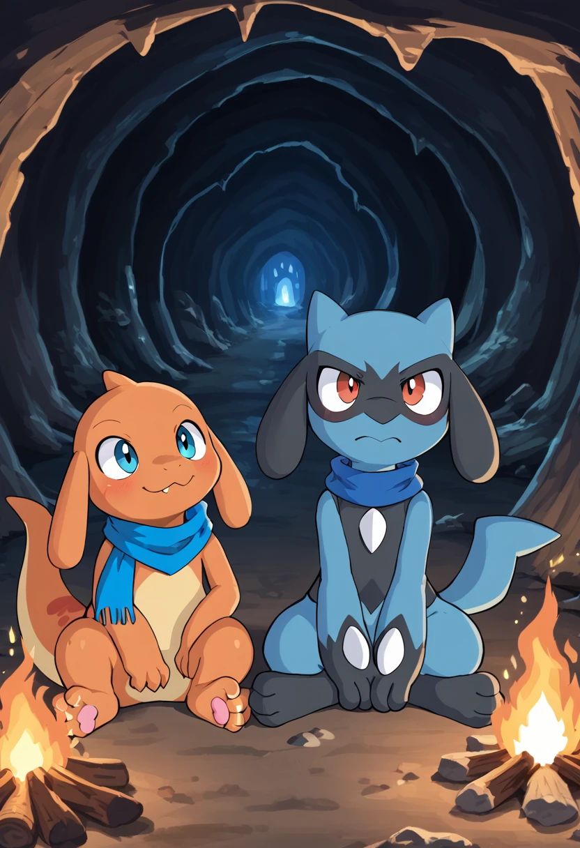 Pokémon Mystery Explorers、Riolu and Charmander、Blue scarf、sitting around the bonfire、、cave、night、speaking