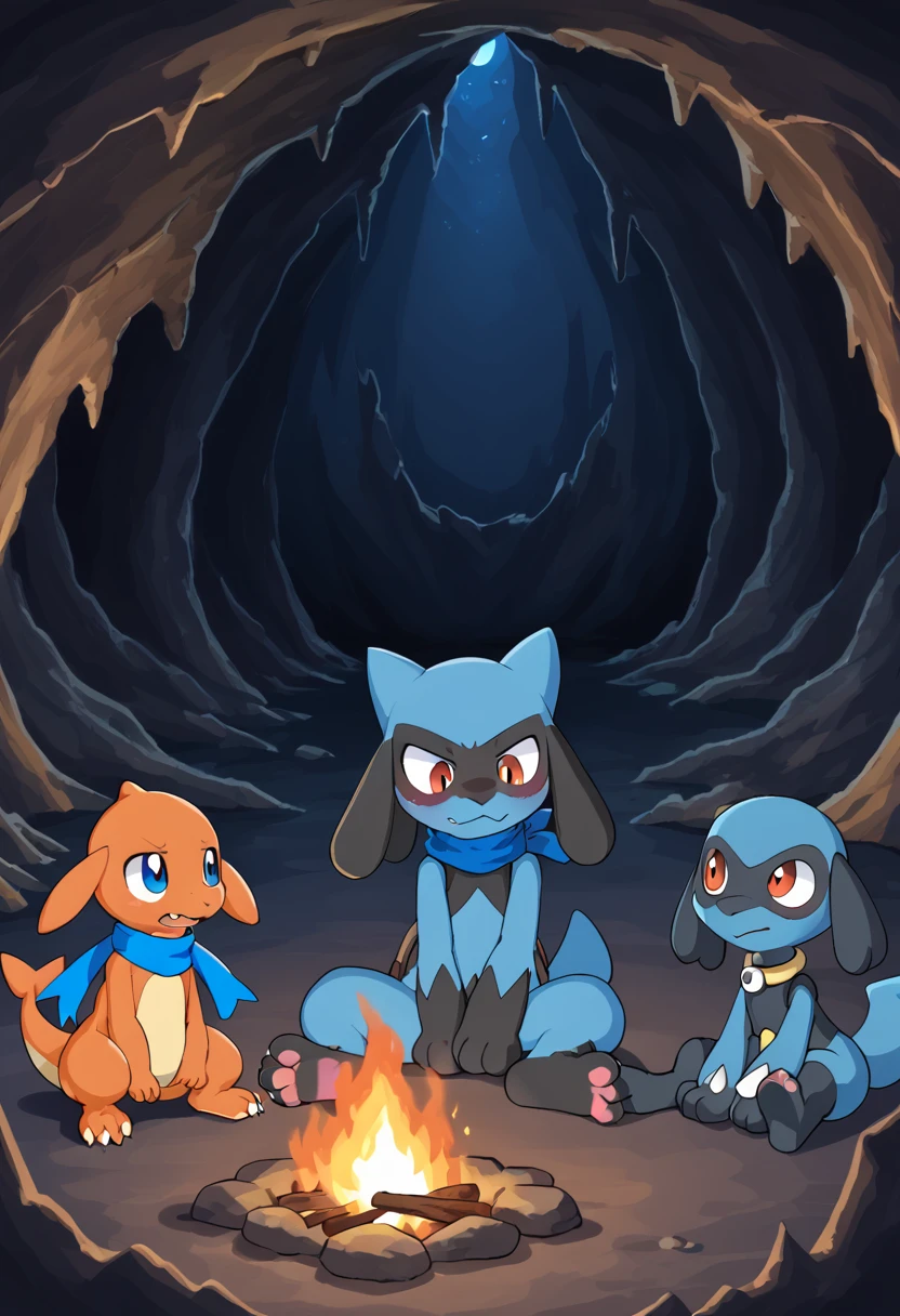 Pokémon Mystery Explorers、Riolu and Charmander、Blue scarf、sitting around the bonfire、、cave、night、speaking