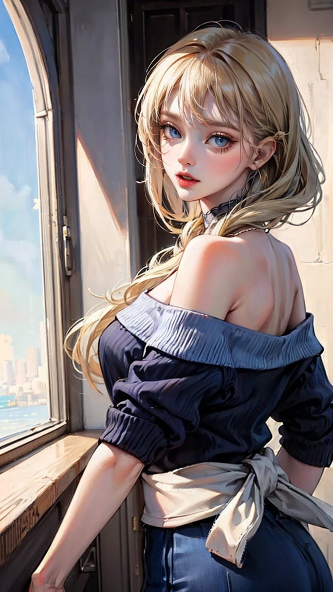 (masterpiece),(premium:1.2),1 girl in,(masseter piece:1.3),exquisite details, Highest quality 8K resolution, ultra detailed, realist, vibrant colors, soft tones, With warm and soft lighting,(Black Off Shoulder Knit:1.3),(Long green skirt,) (short blonde two-tailed hair:1.3),(hair parted in the middle:1.3),(Glowing hair),(dark blue eyes:1.3),White skin, hair clips,I&#39;I&#39;ve been looking at the distant landscape since I was a , and now I can still see their colors.He&#39;Shown on a pure white wall..He entangles the cool wind and takes you with me.Honey so sweet.I grab the boundless dream in both hands and roll around. I&#39;ma a little crazy on the road me&#39;m in, Waiting&#39; for sunrise whenever, whenever(or my dream)
I want to melt into your sweet, Sweet smile.destiny grabs me.He&#39;s confused, but I can hear it discreetly.That place is calling.