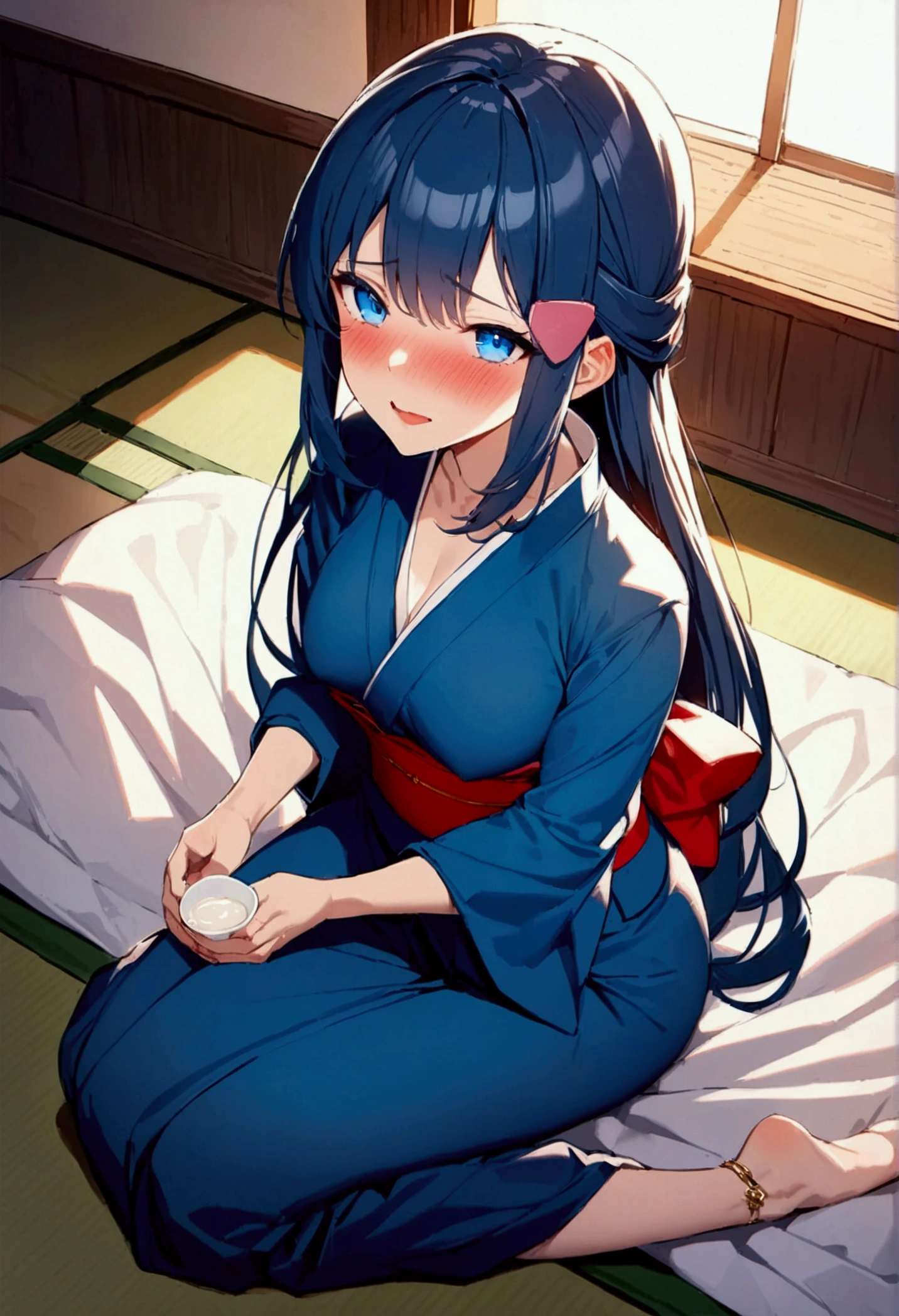 NSFW,masterpiece,Highest quality,High resolution,Super detailed,dawn_\(pokemon\),blue eyes, Blue Hair, Long Hair, Side Lock, Hair Clip,High-quality yukata,Embarrassed,blush,sake,Intoxication,Drunk,Inn at night,Japanese-style room,tatami,futon,(Middle-aged men),A man puts his hands on her waist and hugs her,Sitting,From above