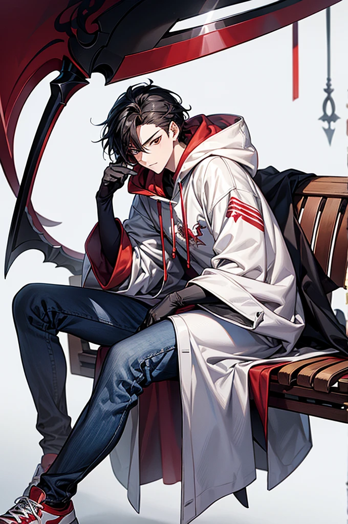 1male, White mask covering entire face, Red hoodie, White lab coat, Slightly baggy blue jeans, Black gloves, Red, white sneakers, Some black hair poking out from the top of the mask, Has a scythe, baggy jeans, For my avatar's pose, sitting on a park bench, hunched forward, leaning on a scythe, chin on hand and staring straight, look at you