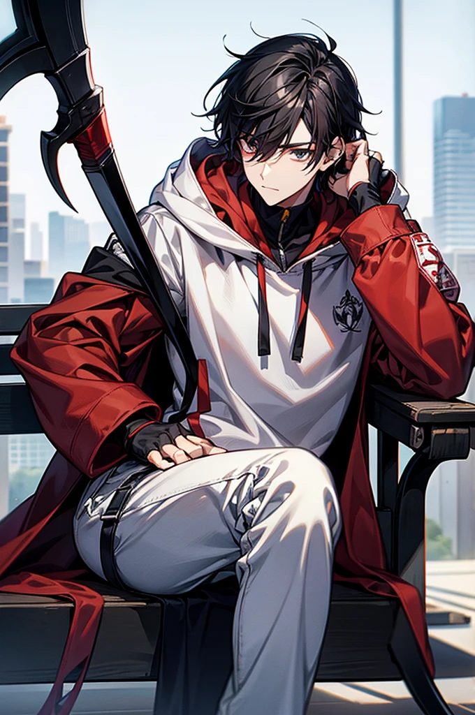 1male, White mask covering entire face, Red hoodie, White lab coat, Slightly baggy blue jeans, Black gloves, Red, white sneakers, Some black hair poking out from the top of the mask, Has a scythe, baggy jeans, For my avatar's pose, sitting on a park bench, hunched forward, leaning on a scythe, chin on hand and staring straight, look at you