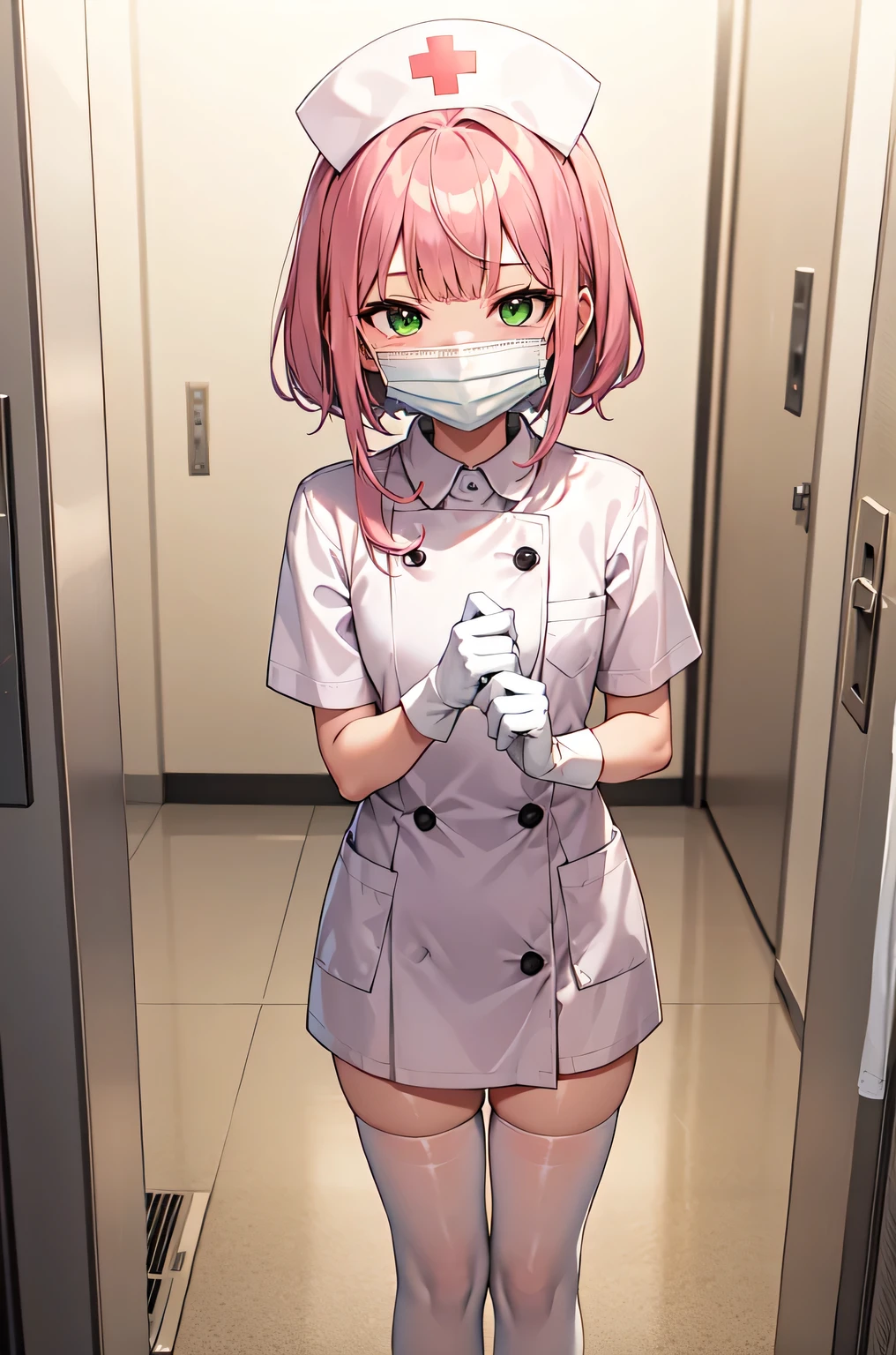 1boy, solo, male focus, nurse, white nurse cap, white nurse uniform, ((white legwear, zettai ryouiki)), white gloves, blunt bangs, pink hair, green eyes, drooping eyes, ((white surgical mask, covered nose)), standing, ((hospital room)), sharp outline, short sleeves, shota, , best quality, masterpiece