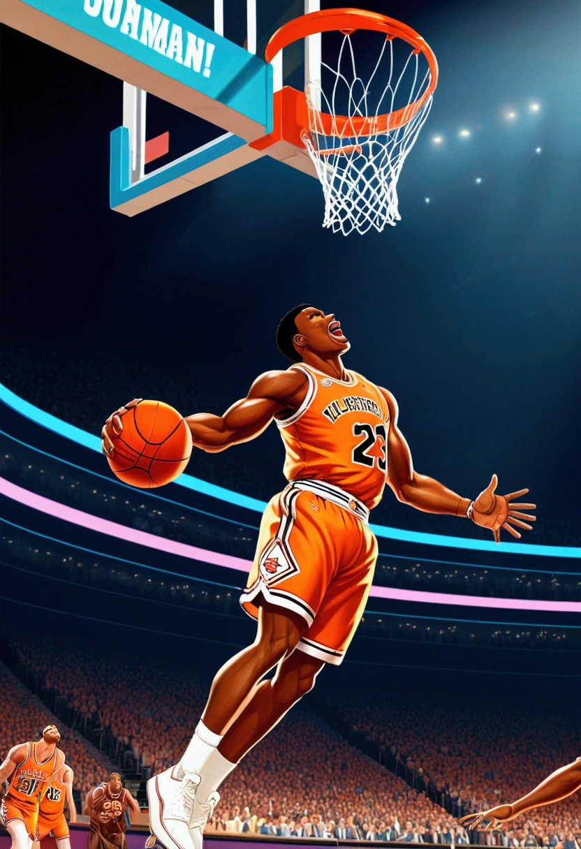 basketball Dunk, Game-Winning Dunk, by Makoto Shinkai and Makoto Niitsu style, full body, cinematic still, (best quality, masterpiece), very aesthetic, perfect composition, intricate details, ultra-detailed, vivid colors