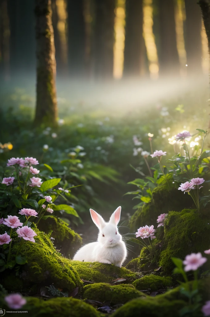 Close-up photo of a white rabbit in a magical forest，The night deepens，in the forest，Backlight，Glow worms，Volumetric Fog，Hello，Flowers Bloom，Dramatic atmosphere，in the center，Three-part method，200mm 1.4F Macro Photography，Are sleeping，Sleeping