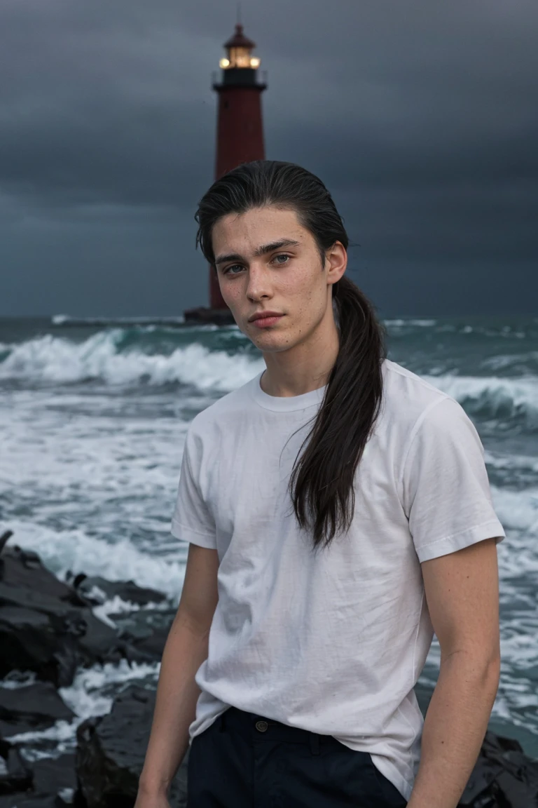Medium shot of a 19-year-old Russian boy from the 1910s. He is handsome with tan skin and light grey eyes, wearing a loose white shirt typical of the 1910s. His long black hair is in a ponytail. The scene is set by the dark ocean during a storm, with a lighthouse in the background and overcast skies.