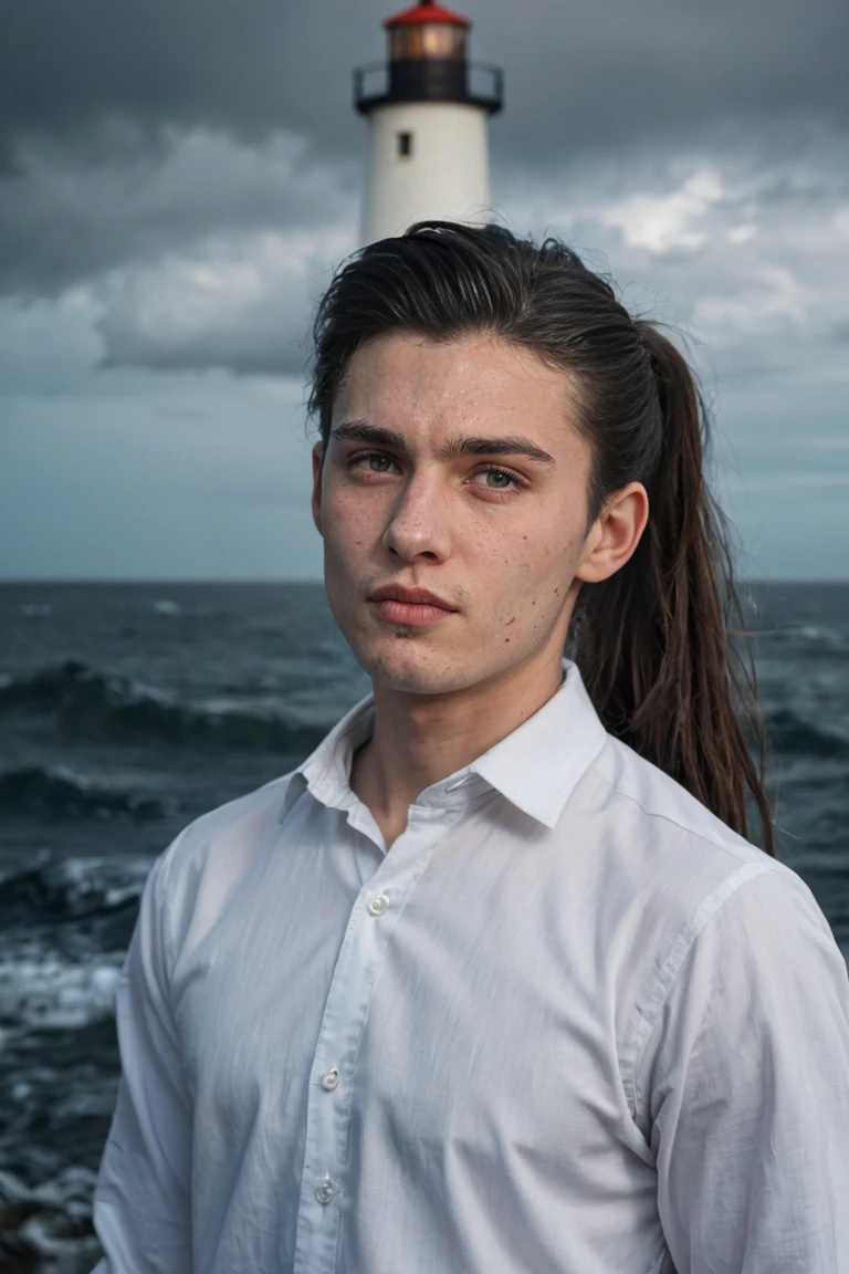 Medium shot of a 19-year-old Russian boy from the 1910s. He is handsome with tan skin and light grey eyes, wearing a loose white shirt typical of the 1910s. His long black hair is in a ponytail. The scene is set by the dark ocean during a storm, with a lighthouse in the background and overcast skies.
