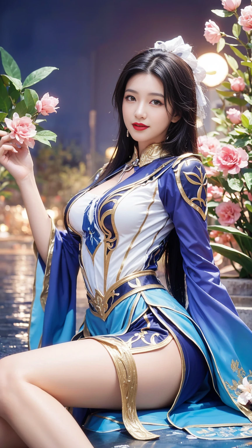 masterpiece), best quality, expressive eyes, perfect face, beautiful eyes, hair bangs, cleavage, beautiful cute girl, focused eyes, super detailed, UHD, very huge breasts, perfectly round breasts, breast implants, Feng Qing Er, 1girl, hair ornament, solo, pointy ears, cultivation dress, black hair, long hair, clothing cutout, bare shoulders, blue and white dress, gold clothes trim, gold jewelry, Feng Qing Er, 1girl, hair ornament, solo, pointy ears, cultivation dress, black hair, long hair, clothing cutout, bare shoulders, blue and white dress, gold clothes trim, gold jewelry, sit, smooth white thighs, cleavage