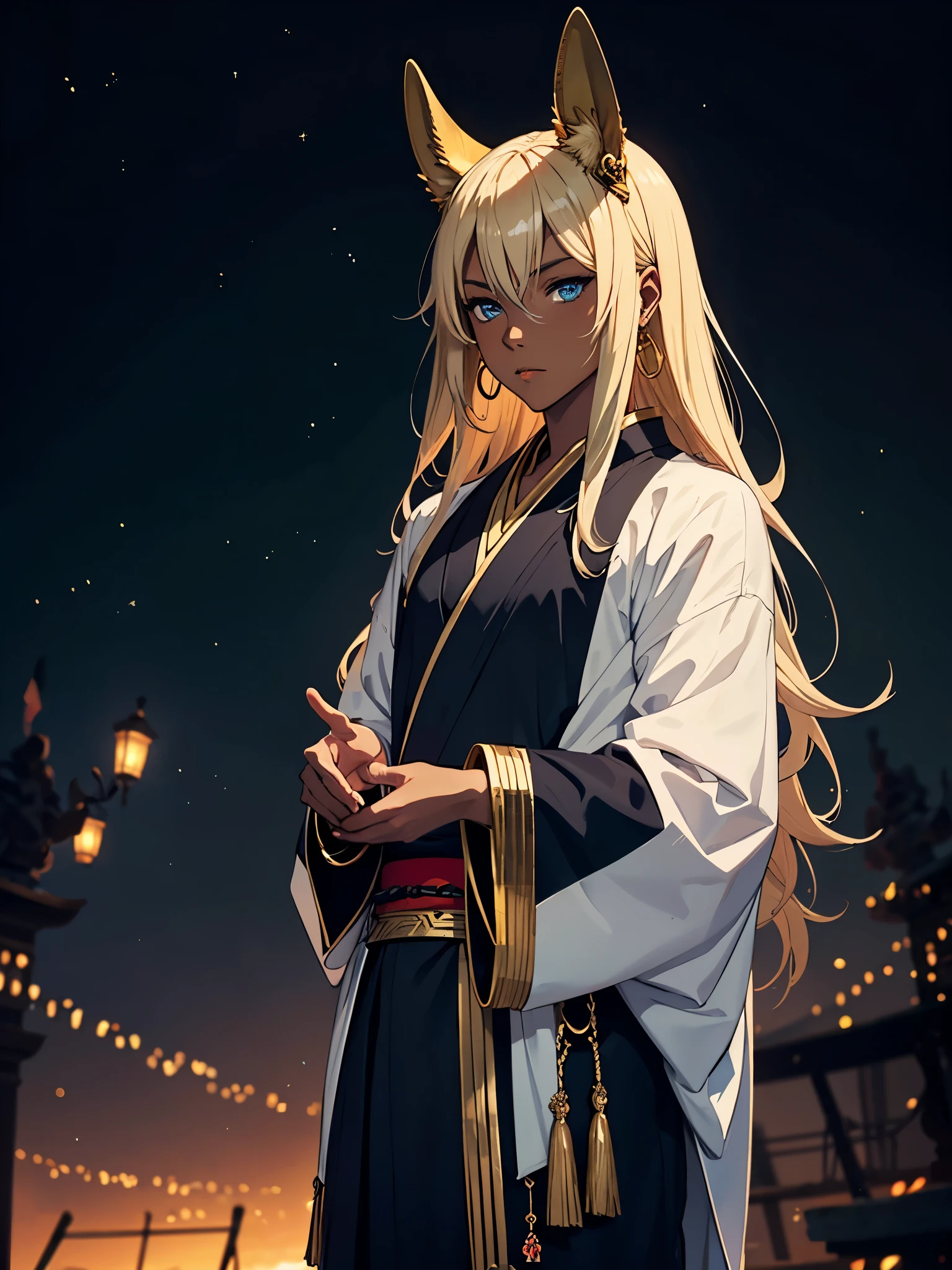 Roter kimono. Mehr anime. Teenage boy. Egyptiane Gottheit Anubis. Japanische Kleidung. long blond hair. Lots of gold jewelry. dark skin. Egyptian. dazzling blue eyes. mystical. divine.