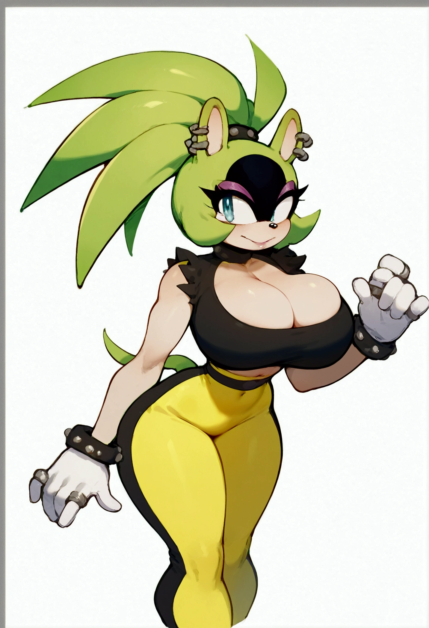 core_9, score_8_up, score_7_up, score_9, BREAK, 1girl,big breasts, score_9,  score_8_up, 2D, flat color, 1girl, flat background, surge the tenrec, by sonic team, wide hips, narrow waist, cleavage 