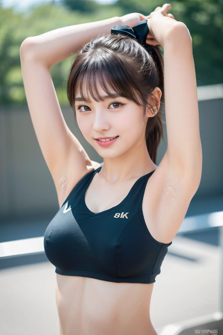 Flying debris, Highest quality, shape, Very detailed, finely, High resolution, 8k wallpaper, Perfect dynamic composition, finelyてBeautiful Eyes,Medium Hair,Small breasts Natural color Lips, Bold sexy pose,smile,Harajuku、20-year-old girl、cute、sexy shot looking at camera、Black hair ponytail , whole body((Realistic lighting, Highest quality, 8k, masterpiece: 1.3)), Clear focus: 1.2, 1 girl, Perfect shape: 1.4,(Cheerleader:1.3),(Outdoor:1.5),(Look under your armpits:1.5),(Stadium:1.1),(Cheer Dance:1.3) Very beautiful face, Beautiful Eyes, double eyelid,smile,(Your cheeks are red:1.3),(No nipples:1.2)