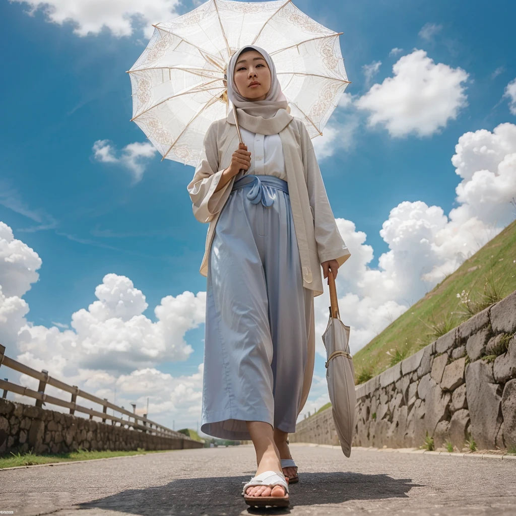 full body shot from the bottom, a beautiful japanese woman, slighty cubby, wearing hijab islamic outfit and sandals, holding an umbrella walking down with clear blue sky and white clouds as the background on a summer day