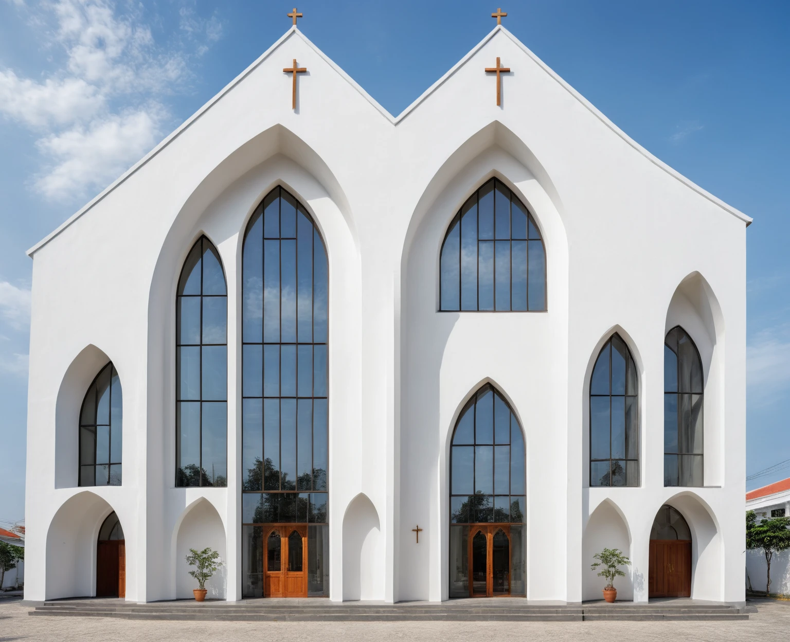 raw photo, best quality, ultra realistic, masterpiece, best quality skin, photography hd, dslr,
tcs, httlvn,a modern church on vietnamese street, building, 3 arched window, white wall, cross, house, 
Daylight, 
Street view, 