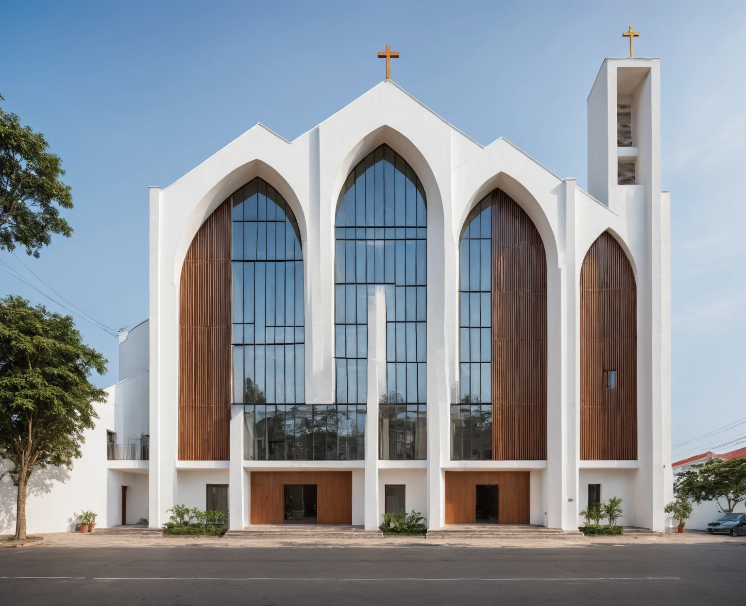 raw photo, best quality, ultra realistic, masterpiece, best quality skin, photography hd, dslr,
tcs, httlvn,a modern church on vietnamese street, building, 3 arched window, white wall, cross, house, 
Daylight, 
Street view, 