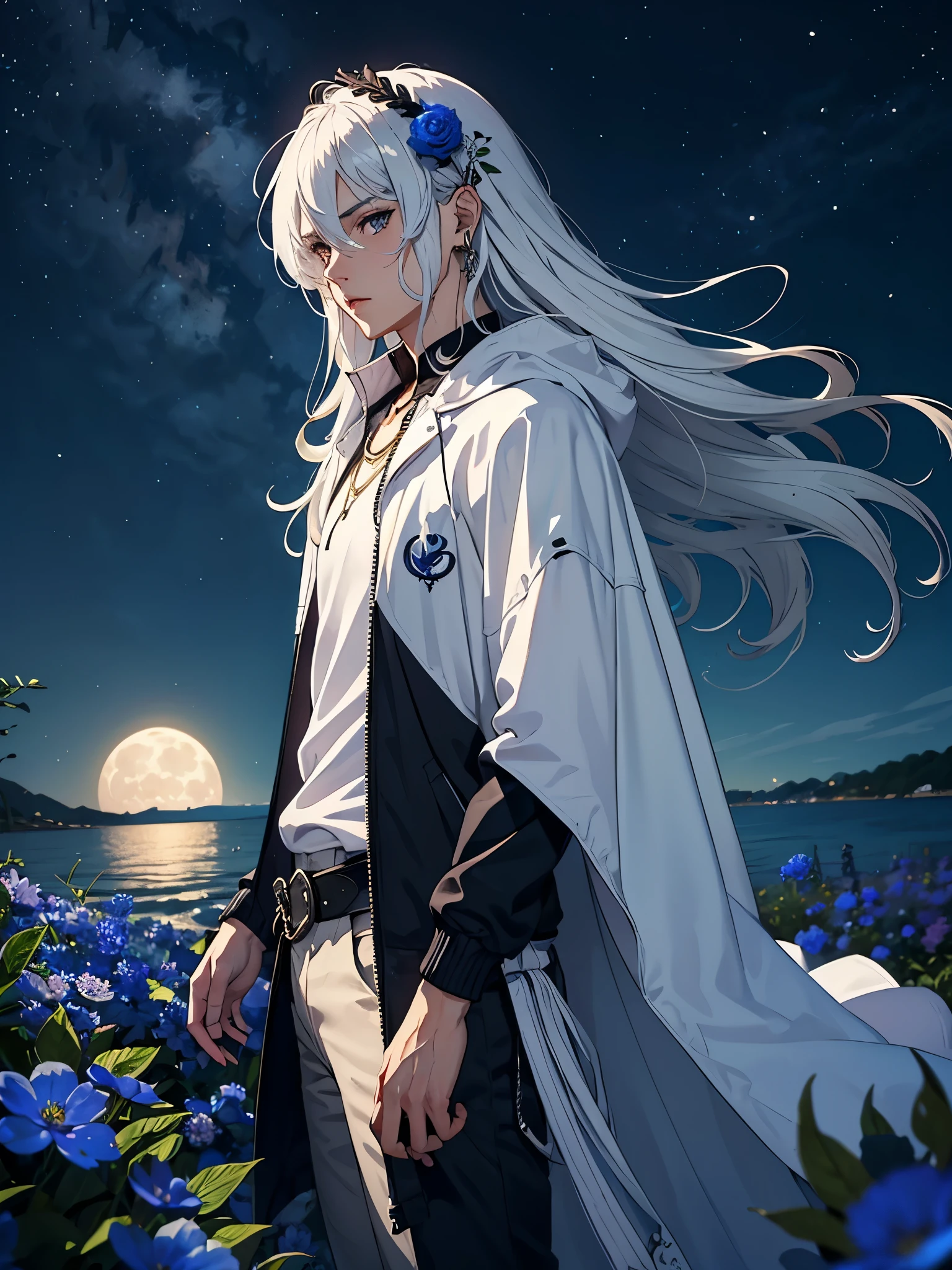 Weiblich. Brüste. Modern jacket. Modern times. Blaie Clothing. Lightening flowers. More anime. male. Blue flowers. Long hair. long white hair. aquatic, boy, God of the Moon, silver hair accessories, White hair, White dress, cape, at night.