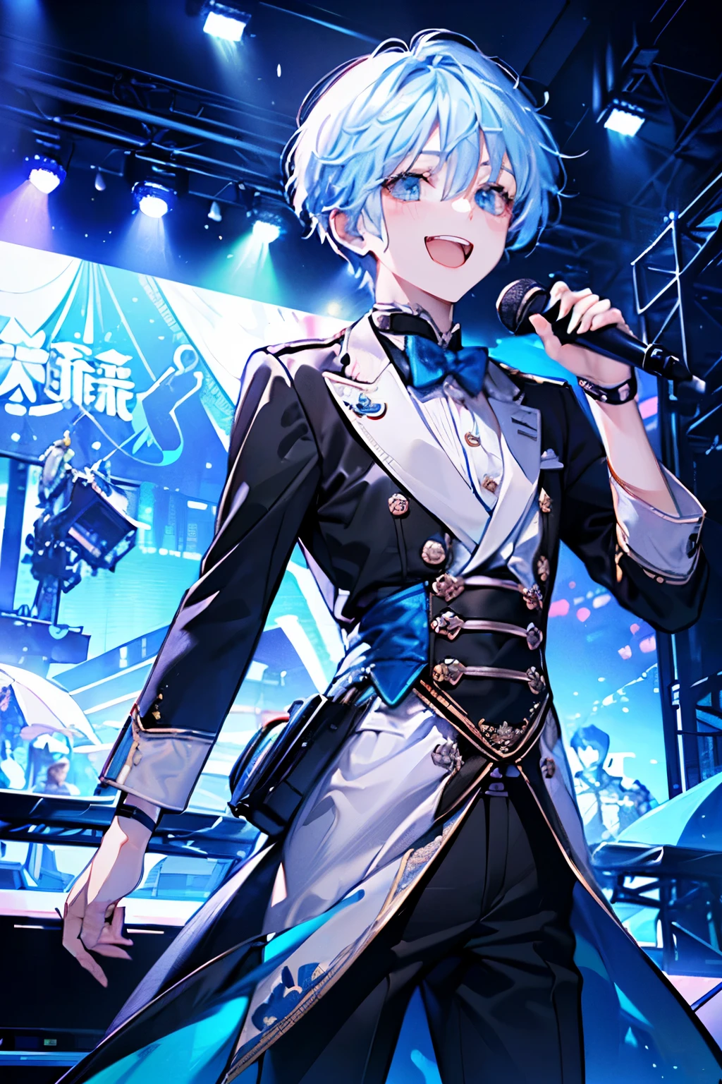 ((cute,kawaii,wonderland)),(Shy laugh、🥺),(Microphone Performance、Fansa:1.25),((boy,Men's,male:1.2)),((Live Stage:1.25)),((Futuristic clothing:1.25)),((male性アイドル、unit、combination:1.15)),Angle of incitement,((Live Stage:1.25)),(Short Hair:1.3),((blue、White、Light、black:1.1)).