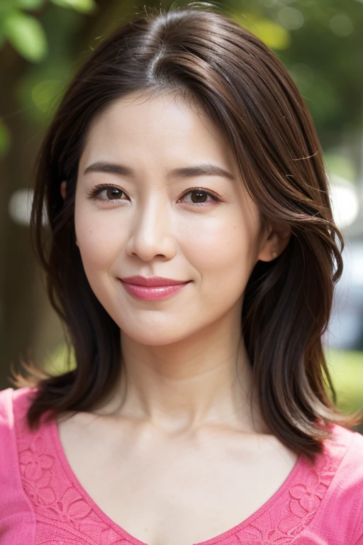 最high quality, In 8K, Masseter muscle area, Lifelike, Sharp focus, high quality, High resolution, Detailed face, Detailed eyes, Thick lips, (Look at the viewers), solo, Middle-aged women, Beautiful woman, Age 35, plum, Beautifully styled hair, Cleavage, Brightly colored patterned dress, Afternoon in front of the park garden