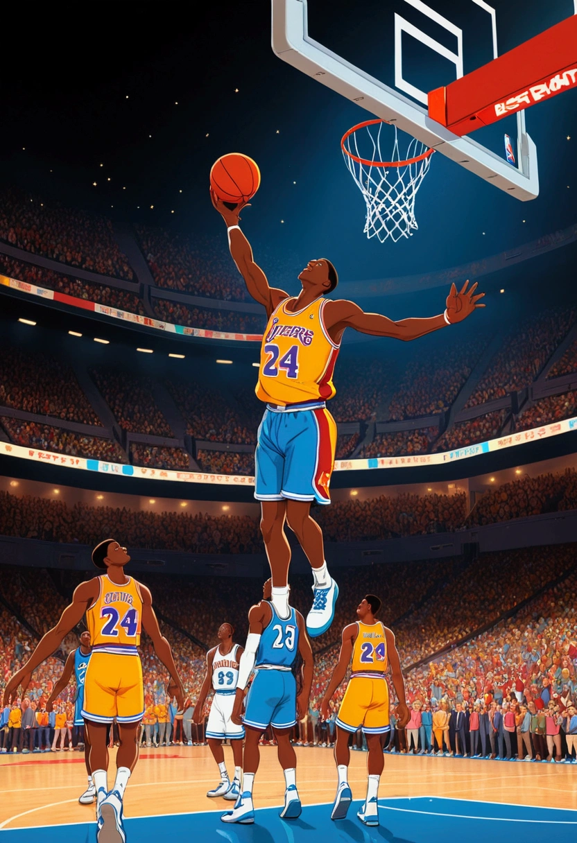 basketball Dunk, Game-Winning Dunk, by Makoto Shinkai and Makoto Niitsu style, full body, cinematic still, (best quality, masterpiece), very aesthetic, perfect composition, intricate details, ultra-detailed, vivid colors