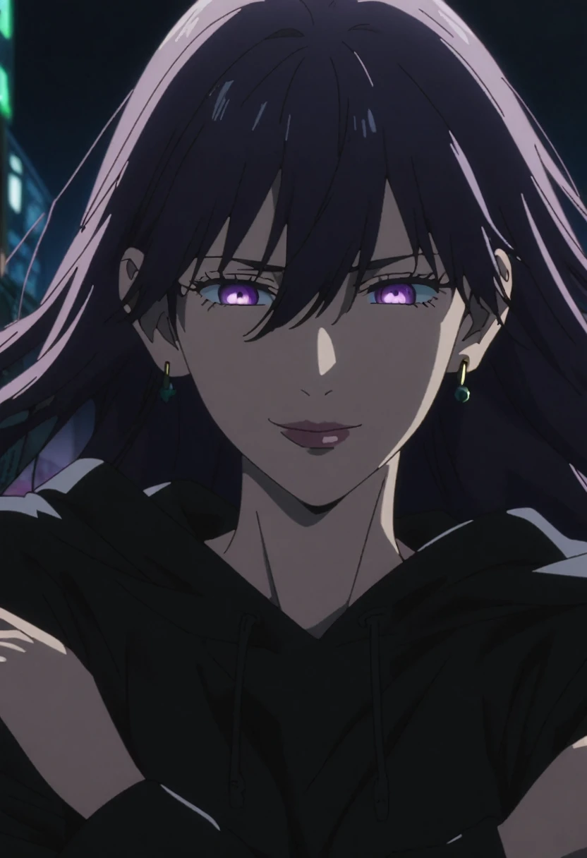 1girl, female gojo satoru, anime screencap from jujutsu kaisen, gojo satoru female version, solo, long_hair, purple eyes (black_hair)), night view, (hanging breasts) upper_body, smile, purple_eyes, lips, ((wearing black hoodie )) breast, "very detailed and high resolution" (purple eyes) ((cross arms)) ((long hair, hair between eyes)) ((solo)) (front view) (earings) ((high resolution)) ((good quality))