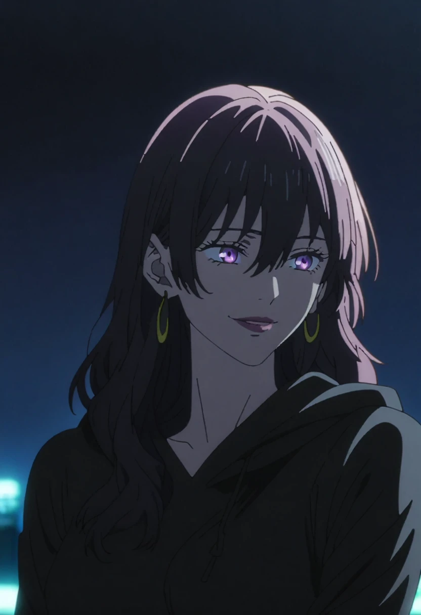 1girl, female gojo satoru, anime screencap from jujutsu kaisen, gojo satoru female version, solo, long_hair, purple eyes (black_hair)), night view, (hanging breasts) upper_body, smile, purple_eyes, lips, ((wearing black hoodie )) breast, "very detailed and high resolution" (purple eyes) ((cross arms)) ((long hair, hair between eyes)) ((solo)) (front view) (earings) ((high resolution)) ((good quality))