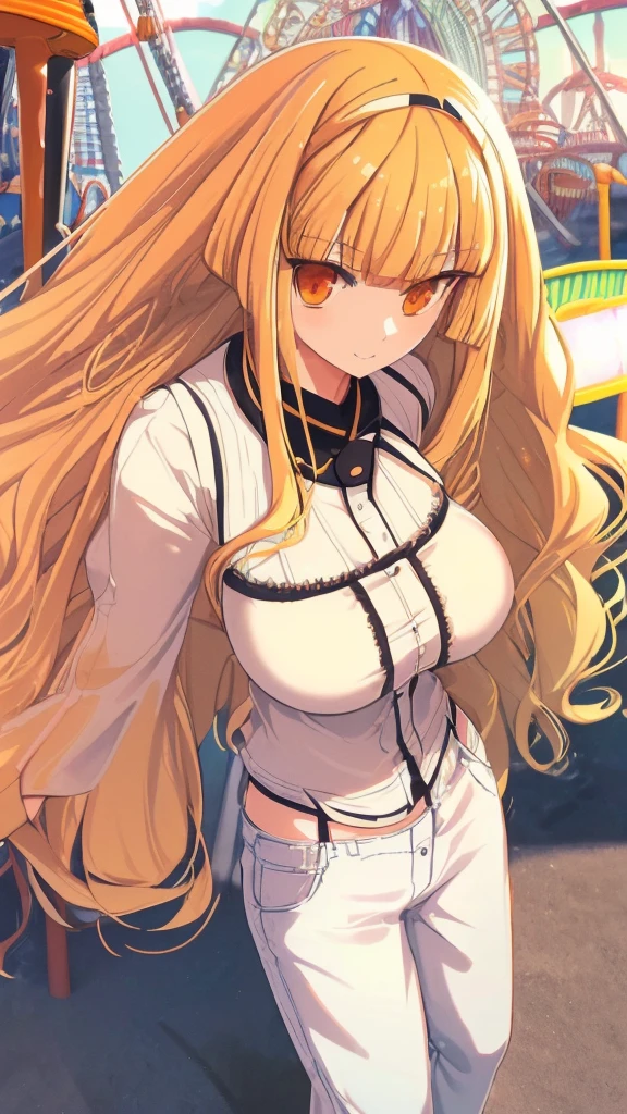 best quality, extremely detailed,anime style girl,((wavy)) long hair,((((blunt bangs)))),(hair between eyes),((bright blond hair)),beautiful detailed eyes,Orange eyes,Sharp eyes with many eyelashes,huge ,(((casual clothing))),short pants,trousers,hair ornament,((((amusement park)))),smile,dynamic pose,tunndere