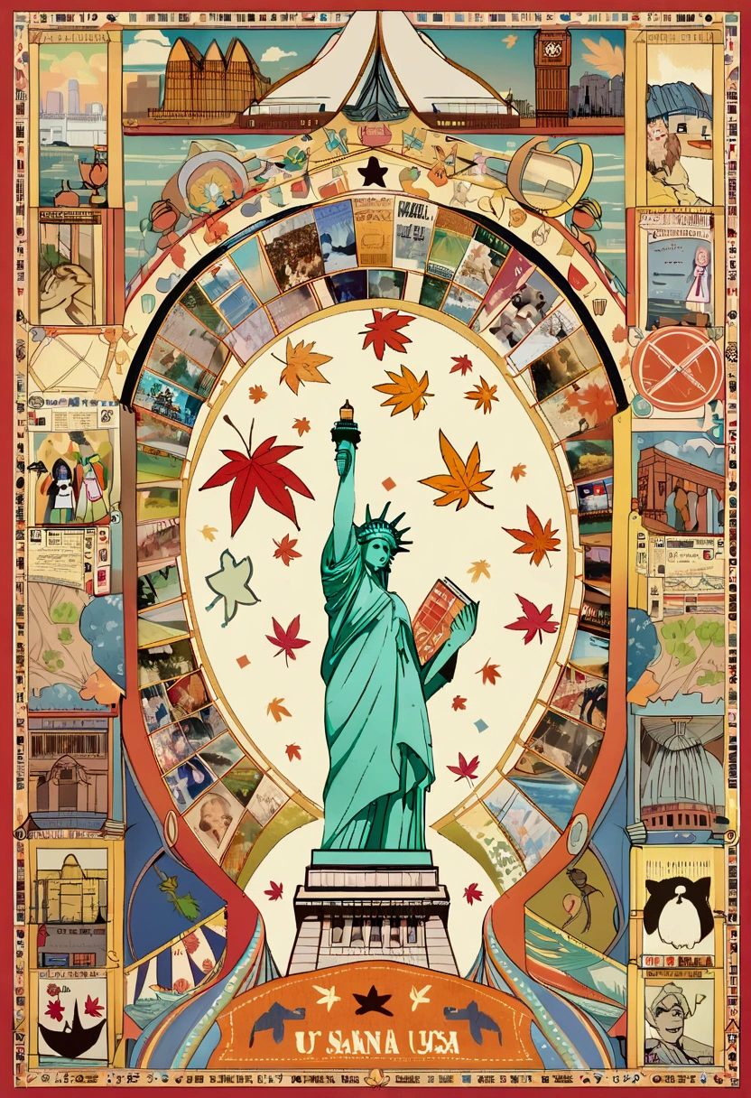 Create a simple and visually engaging image for a school bulletin board that highlights the cultural influence of the English language. The image should include iconic symbols representing various English-speaking countries, such as the Statue of Liberty for the USA, Big Ben for the UK, the Sydney Opera House for Australia, and a maple leaf for Canada. Incorporate elements of pop culture, like a book, a film reel, and music notes, to represent literature, movies, and music. Use bright, cheerful colors to make the image appealing and educational. The overall design should be clear and easy to understand, suitable for a school setting