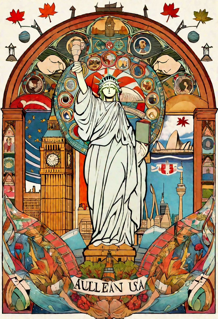 Create a simple and visually engaging image for a school bulletin board that highlights the cultural influence of the English language. The image should include iconic symbols representing various English-speaking countries, such as the Statue of Liberty for the USA, Big Ben for the UK, the Sydney Opera House for Australia, and a maple leaf for Canada. Incorporate elements of pop culture, like a book, a film reel, and music notes, to represent literature, movies, and music. Use bright, cheerful colors to make the image appealing and educational. The overall design should be clear and easy to understand, suitable for a school setting