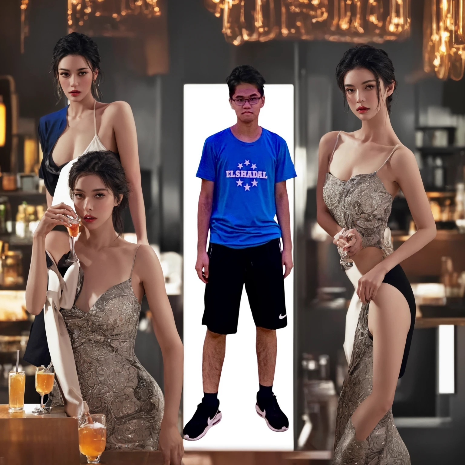 a handsome gay man enjoying drinks in a lively bar, beautiful detailed eyes, beautiful detailed lips, extremely detailed eyes and face, long eyelashes, stylish outfit, warm lighting, vibrant colors, intimate atmosphere, intricate details, (best quality,4k,8k,highres,masterpiece:1.2),ultra-detailed,(realistic,photorealistic,photo-realistic:1.37),intricate details,cinematic lighting,moody colors,intimate bar scene,sophisticated style