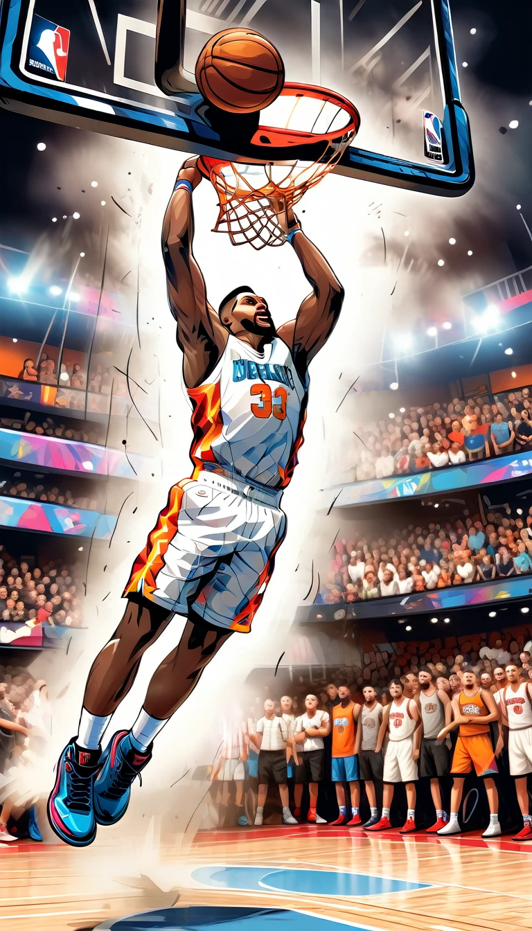 a game-winning dunk, basketball player scoring the ball through a black and white basketball hoop, printed logo on a sweatshirt, realistic, photorealistic, highly detailed, cinematic lighting, dynamic sports action, hyperrealistic, 8k, HDR, volumetric lighting, dramatic shadows, heroic pose, muscular athlete, intense expression, clean and modern design, vivid colors, bold typography, minimalist style, striking composition