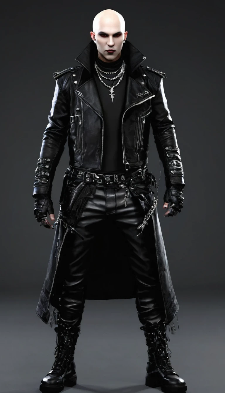 Create a full body fat bald punk male character and vampire clan clothing items in modern times and create modern cyberpunk fashion. Front, side and backCreate a full body fat bald punk male character and vampire clan clothing items in modern times and create modern cyberpunk fashion. Front, side and back
