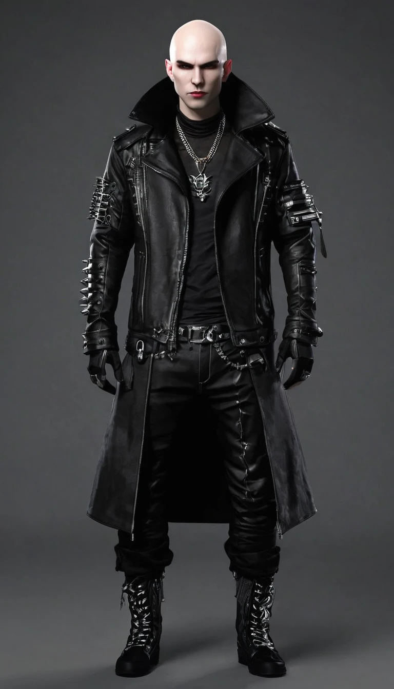 Create a full body fat bald punk male character and vampire clan clothing items in modern times and create modern cyberpunk fashion. Front, side and backCreate a full body fat bald punk male character and vampire clan clothing items in modern times and create modern cyberpunk fashion. Front, side and back