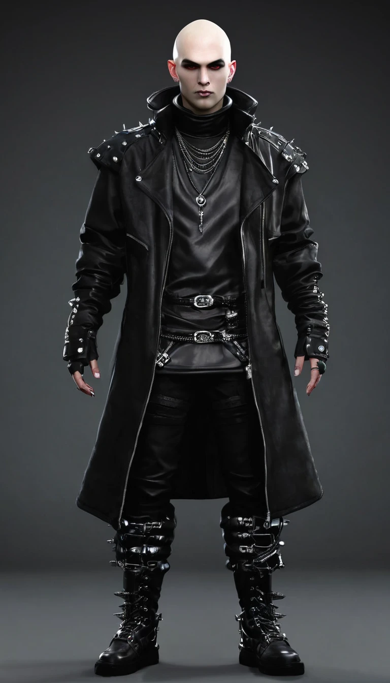 Create a full body fat bald punk male character and vampire clan clothing items in modern times and create modern cyberpunk fashion. Front, side and backCreate a full body fat bald punk male character and vampire clan clothing items in modern times and create modern cyberpunk fashion. Front, side and back