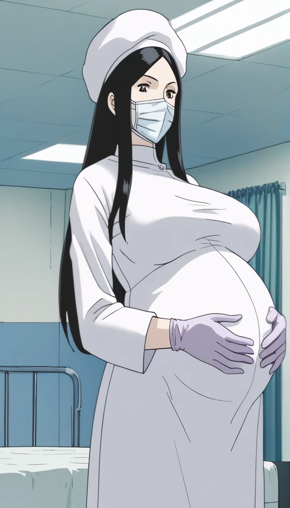 score_9,  score_8_up, score_7_up, source_anime, raw image, masterpiece, highest quality, kasuganoray, pale skin, eyes have love, long black hair, big breasts, scrubs, surgical mask, bouffant cap, long sleeve maternity dress, put on another long sleeved coat, seamless, navel head, the dress isn't wrinkled, long white stockings,
1girl, pregnant, solo, long rubber gloves, looking down, look at viewer, furrowed brow, hospital bed, light shines from the ceiling, standing, patient room background, she is inquiring about the patient's condition