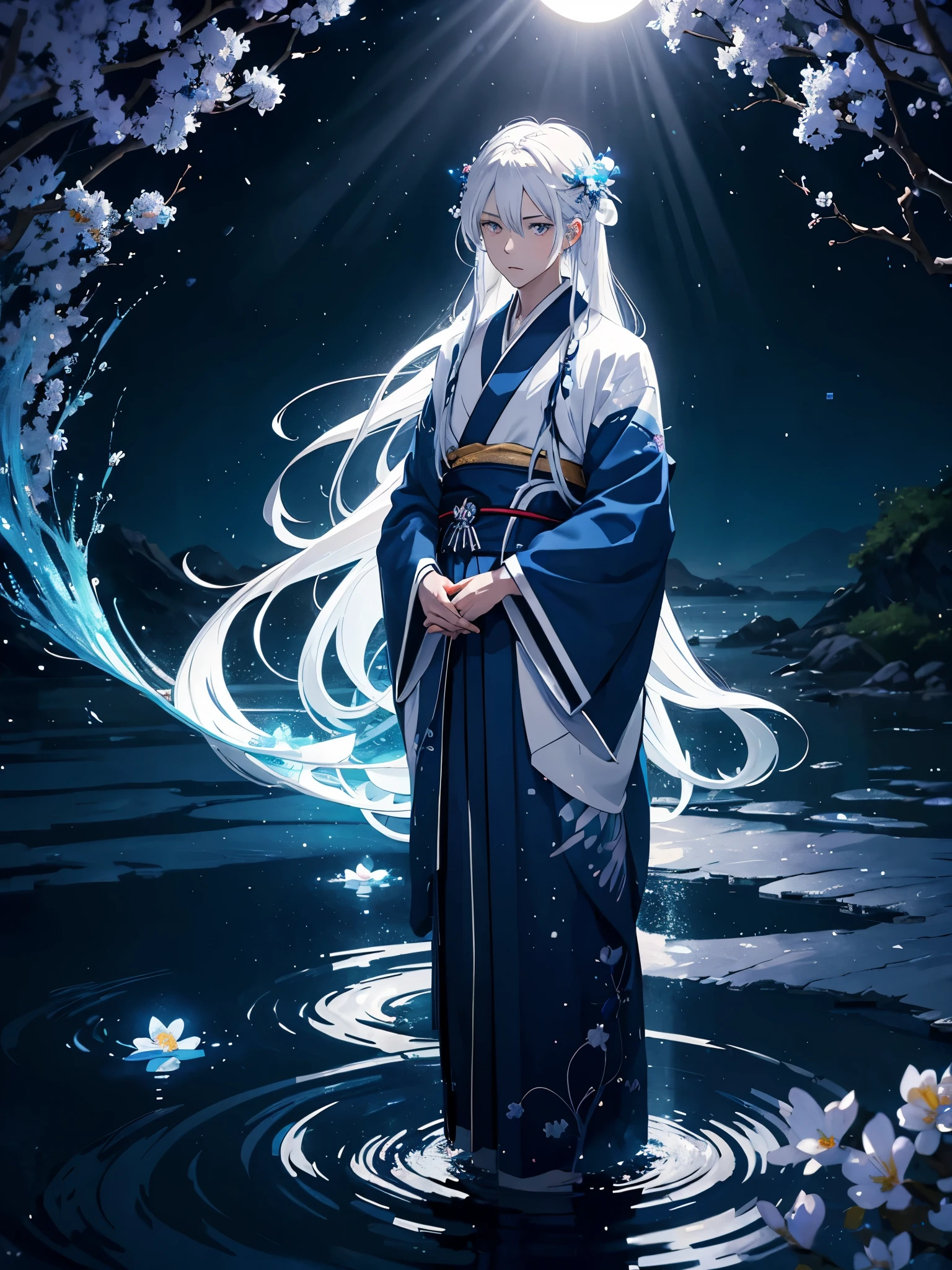 Noxh mehr anime. Mehr anime. Göttlich. Magisch. Blaues licht. Kimono. Geweih. Lichter. Magisch. King of the moon. Long hair. long white hair. aquatic, boy, silver hair accessories, White hair, blue flowers. Blue lights. Vollmond. Geweih. Kimono