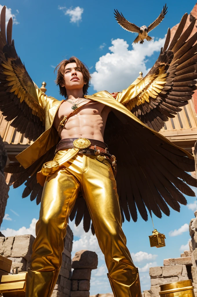 A hawk spots several golden treasure chests in the air