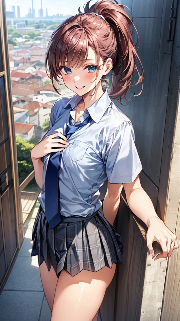 (masterpiece:1.3, Highest quality, Ultra-high resolution, Super detailed), (Realistic:1.1, photoRealistic:1.4), Beautiful illustrations, Perfect lighting, colorful, Depth of written boundary, 
Beautiful detailed hair, Beautifully detailed face, Beautiful attention to detail, Beautiful clavicle, Beautiful body, Beautiful breasts, Beautiful thighs, Beautiful feet, Beautiful fingers, 
View your viewers, 1 girl, Japanese, high school girl, Perfect Face, (Perfect Anatomy, Anatomically correct), Cute and symmetrical face, Baby Face, Sunburn, Glowing Skin, 
(Mid-length hair:1.5,ponytail:1.2, Pink), Asymmetrical bangs, blue eyes, Small eyes, Long eyelashes, (Medium chest), thin, 
((Collared short-sleeved shirt, Light blue shirt, , Grey plaid pleated skirt, Navy tie)), Light blue panties, 
(Beautiful views), evening, (Outdoor, distant cityscape), Are standing, Place your hand on your chest, (Cute smile, Upward glance, Open your mouth), 