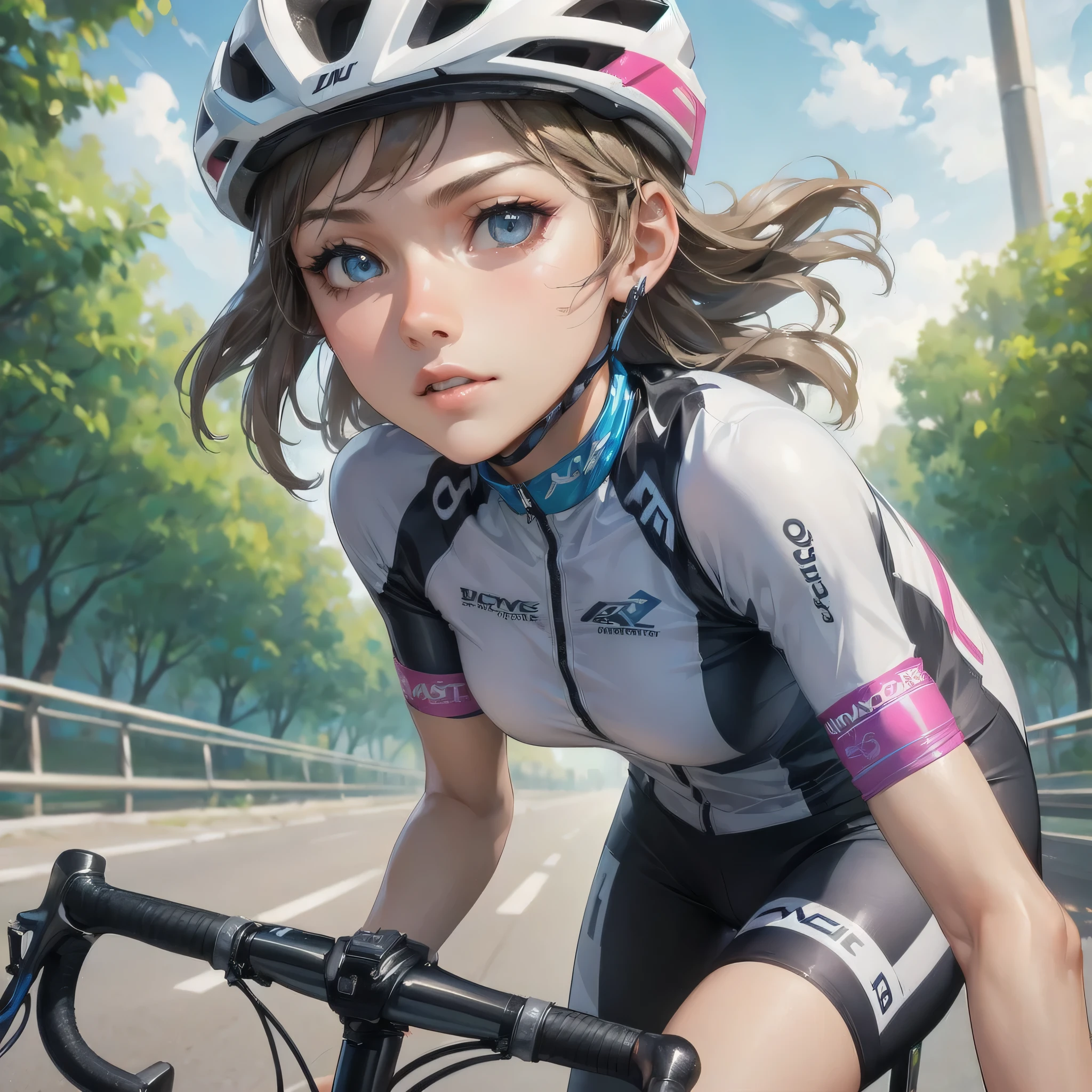  masterpiece, (textured skin), best quality, gorgeous beautiful girl, (a female cycling athlete), detailed clothes,large breasts,narrow waist,, (beautiful face), cinematic lighting, (at cycling venue ),