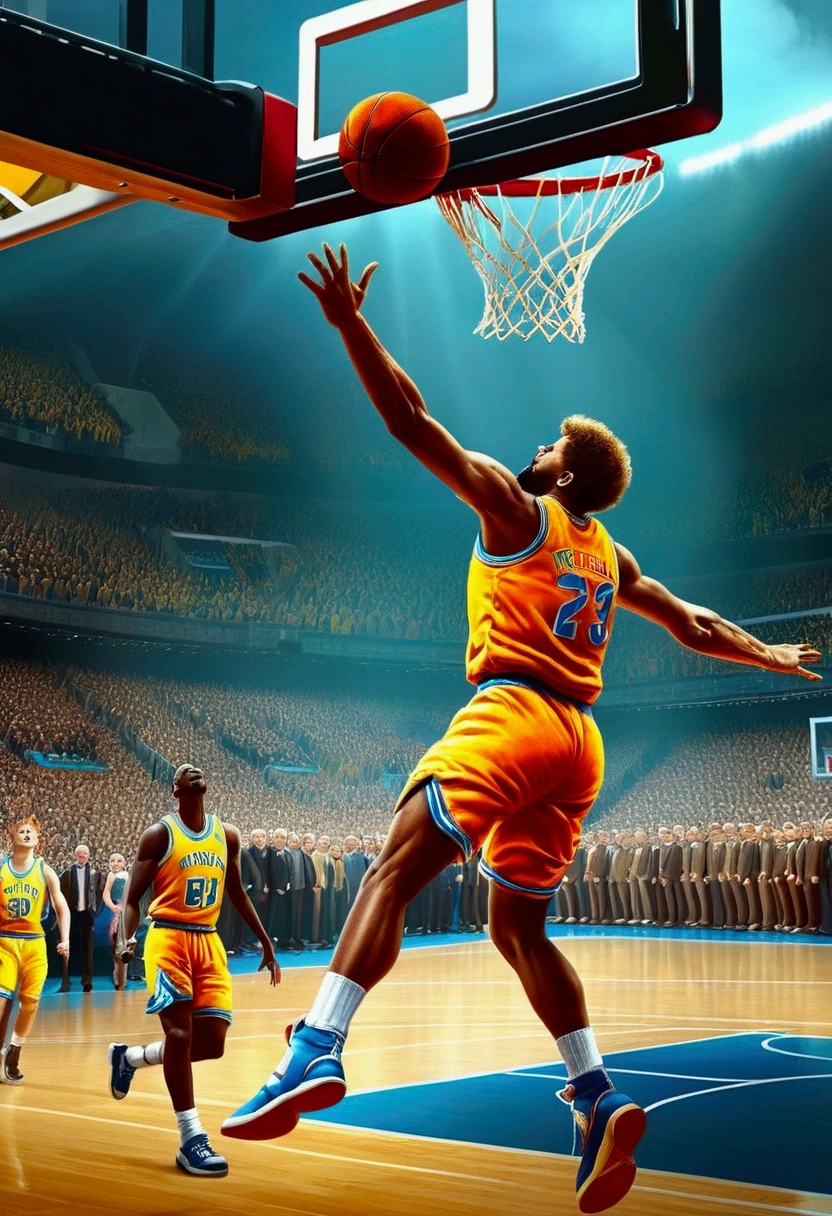 basketball Dunk, Game-Winning Dunk, by Makoto Shinkai and Makoto Niitsu style, full body, cinematic still, (best quality, masterpiece), very aesthetic, perfect composition, intricate details, ultra-detailed, vivid colors