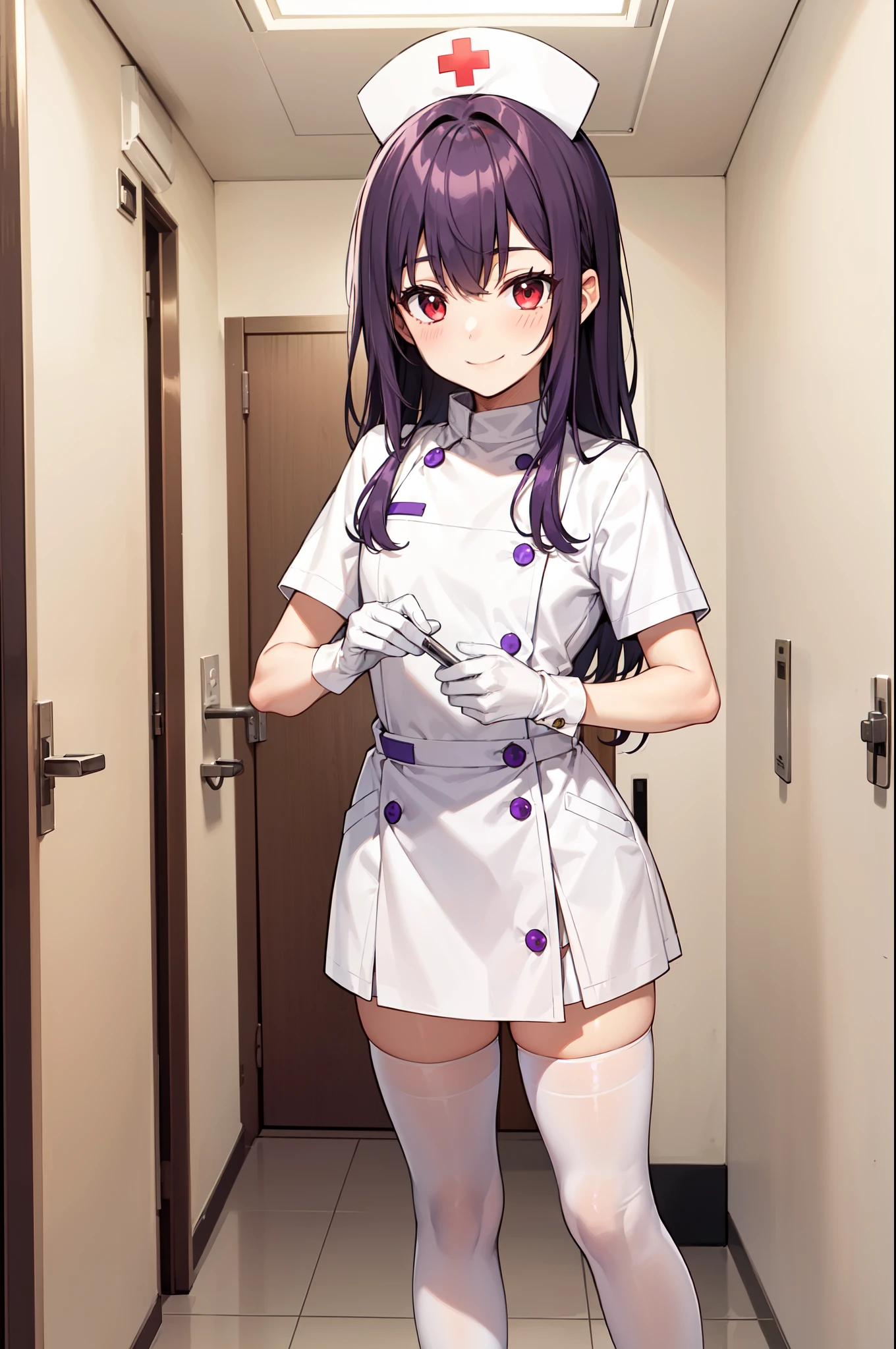 1boy, solo, male focus, nurse, white nurse cap, white nurse uniform, ((white legwear, zettai ryouiki)), white gloves, long hair, purple hair, red eyes, smile, standing, ((hospital room)), sharp outline, short sleeves, shota, 12 years old, best quality, masterpiece
