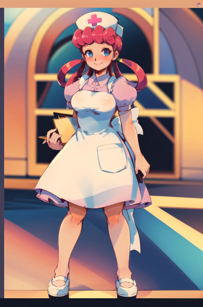 (masterpiece, Highest quality:1.2), nurse joy, Pokemon, blue eyes, Mouth closed, Long Hair, Pink Hair, Short sleeve, nurse, blush, Holding, puffy Short sleeve, Large Breasts, Puff sleeves,  nurse cap, One girl, View your viewers, smile, alone, Have, dress, apron, Hair Ring, clipboard 