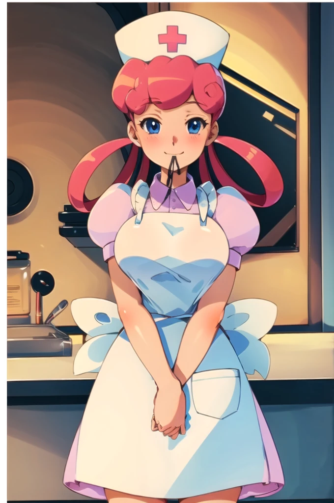 (masterpiece, Highest quality:1.2), nurse joy, Pokemon, blue eyes, Mouth closed, Long Hair, Pink Hair, Short sleeve, nurse, blush, Holding, puffy Short sleeve, Large Breasts, Puff sleeves,  nurse cap, One girl, View your viewers, smile, alone, Have, dress, apron, Hair Ring, clipboard 