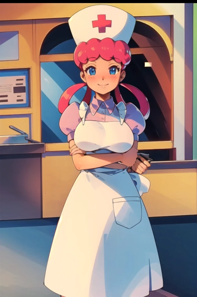 (masterpiece, Highest quality:1.2), nurse joy, Pokemon, blue eyes, Mouth closed, Long Hair, Pink Hair, Short sleeve, nurse, blush, Holding, puffy Short sleeve, Large Breasts, Puff sleeves,  nurse cap, One girl, View your viewers, smile, alone, Have, dress, apron, Hair Ring, clipboard 