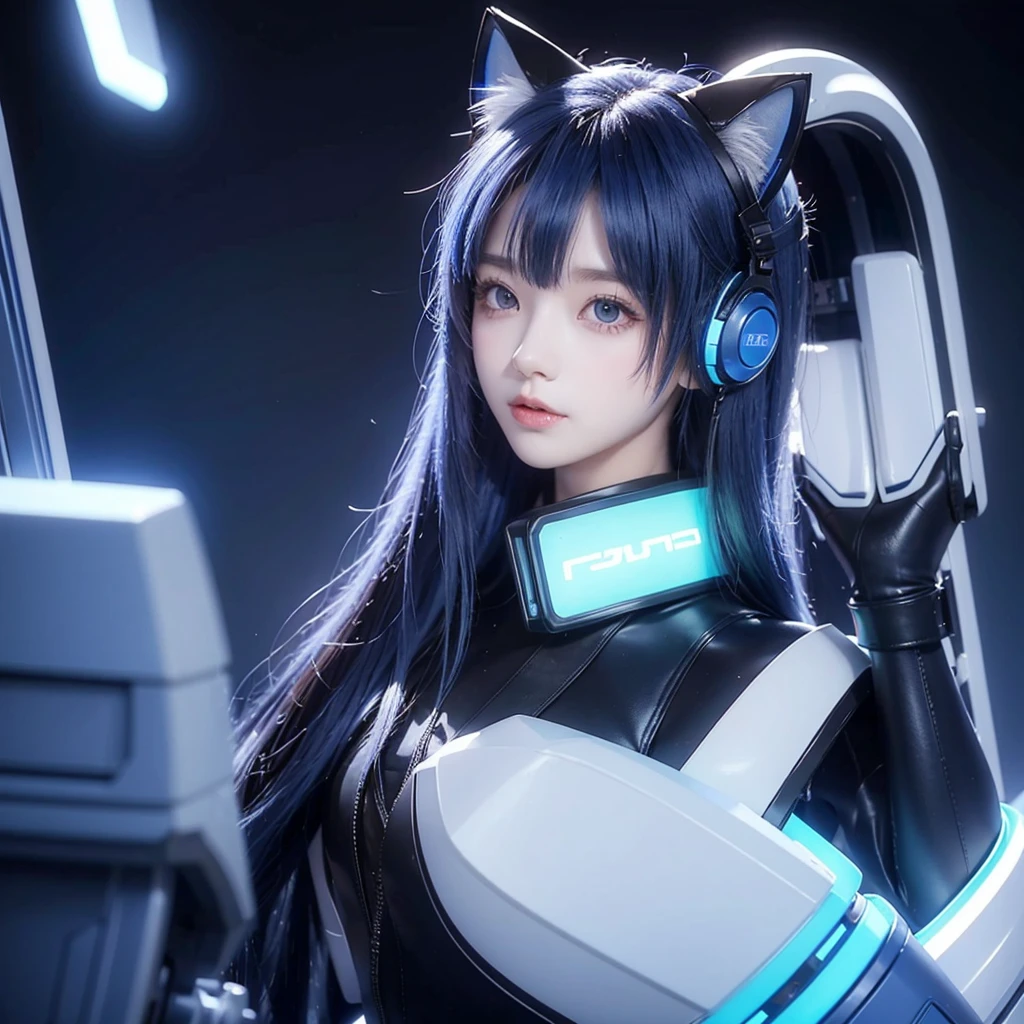 Cat ear helmet、Blue Hair、Futuristic、Extend your right arm horizontally and point to the left of the screen、Cyber Sense、Real、フォトReal、High resolution、Robot cockpit